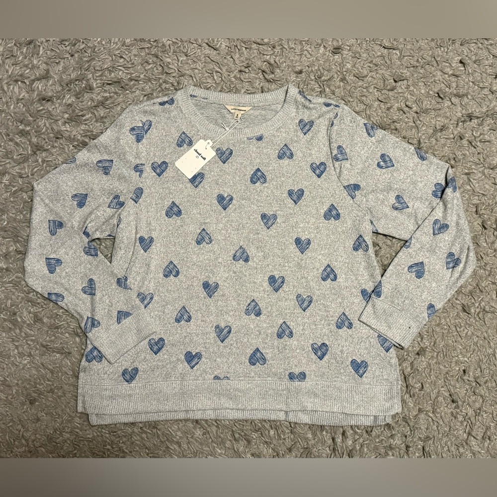 Lucky Brand Gray Sweater with Blue Heart Pattern NWT